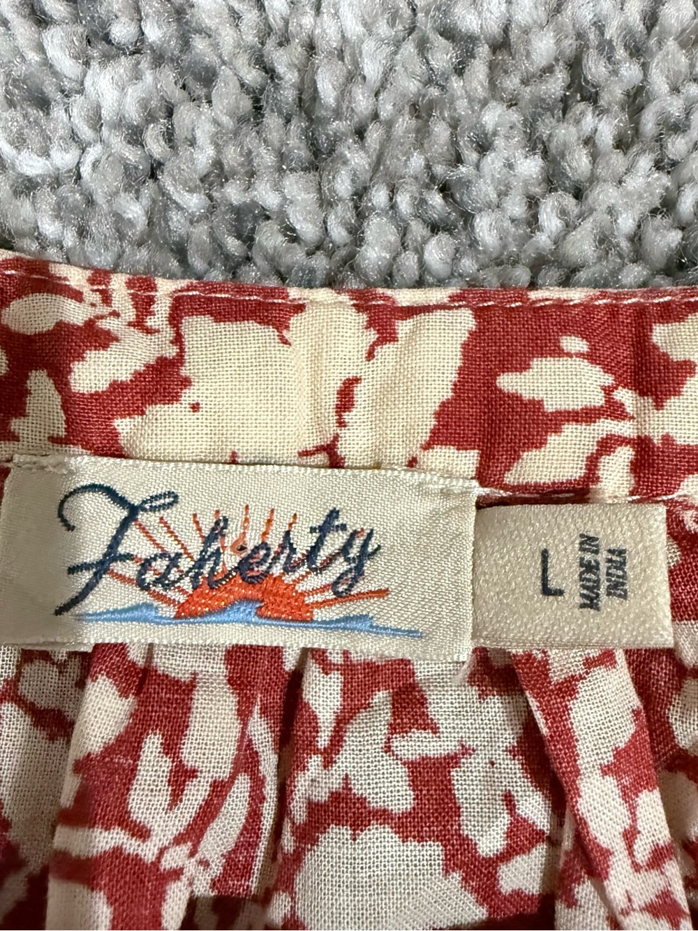 Faherty Carmel Red Cream Floral Belted Shirt Midi Dress Organic Cotton Size L - Picture 7 of 16